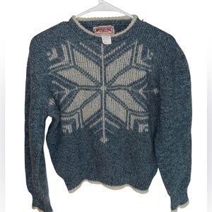 Vintage 90s Wool American Eagle Outfitters Blue and Cream Snowflake Knit Sweater